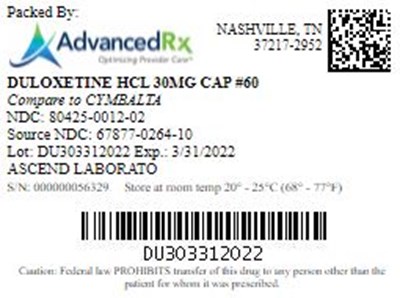 Duloxetine HCl Dr 30m Cap #60 (Duloxetine HCl Dr 30mg Cap Qty 60 Ndc 80425 0012)